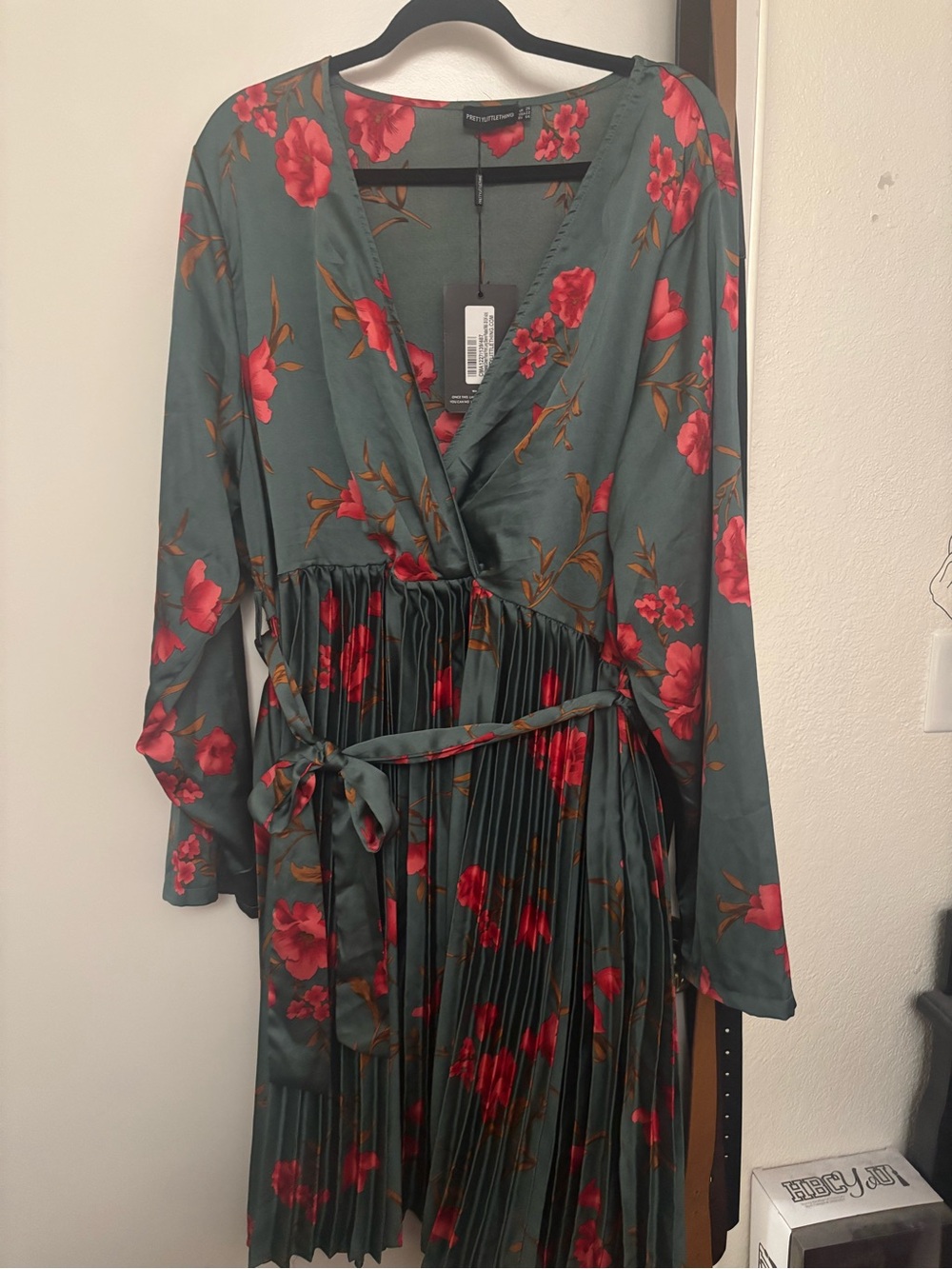 NWT Floral Wrap Pleated Midi Dress - Green with Pink Floral